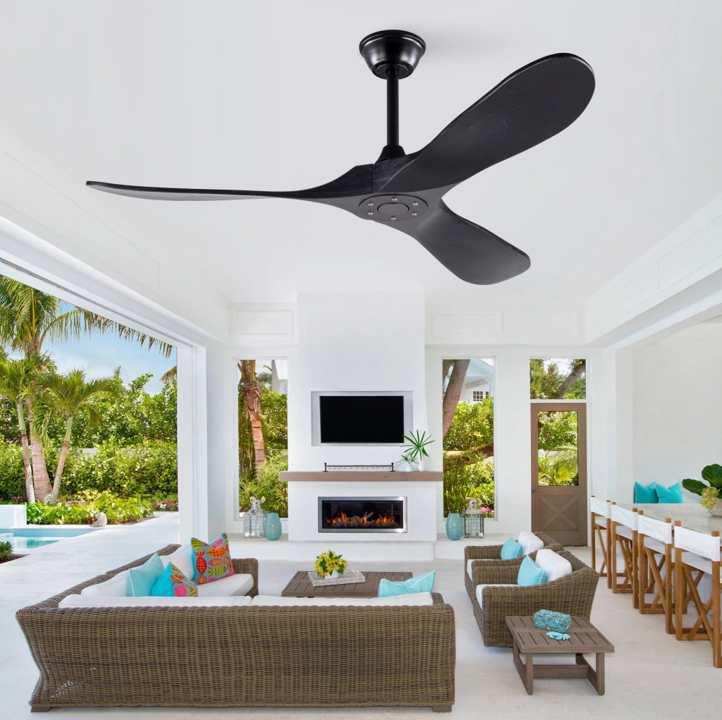 Ventilatore a soffitto 52" nero con 3 pale in legno di paulonia, controllo remoto, 6 velocità e funzione reversibile