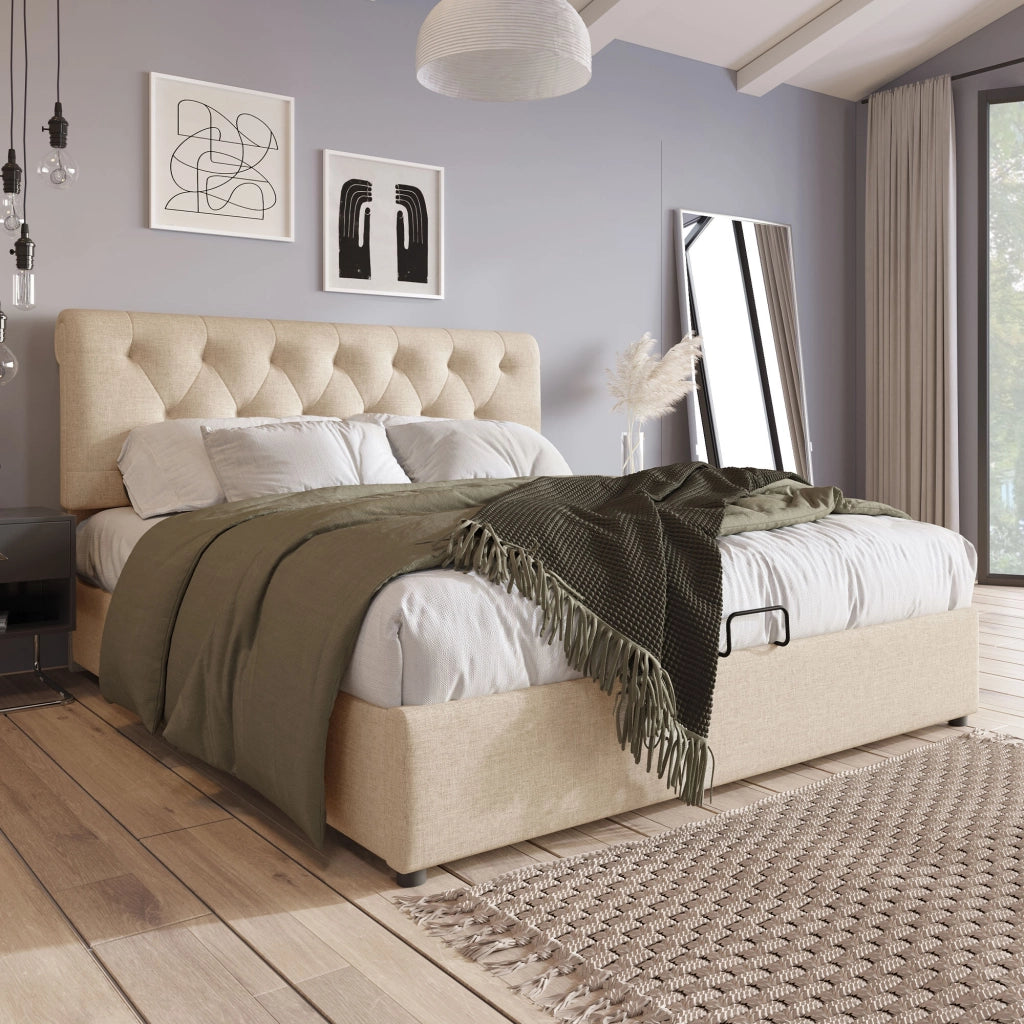 Letto con contenitore 160 × 200 cm con materasso a molle; testiera regolabile e rete a doghe in lino naturale