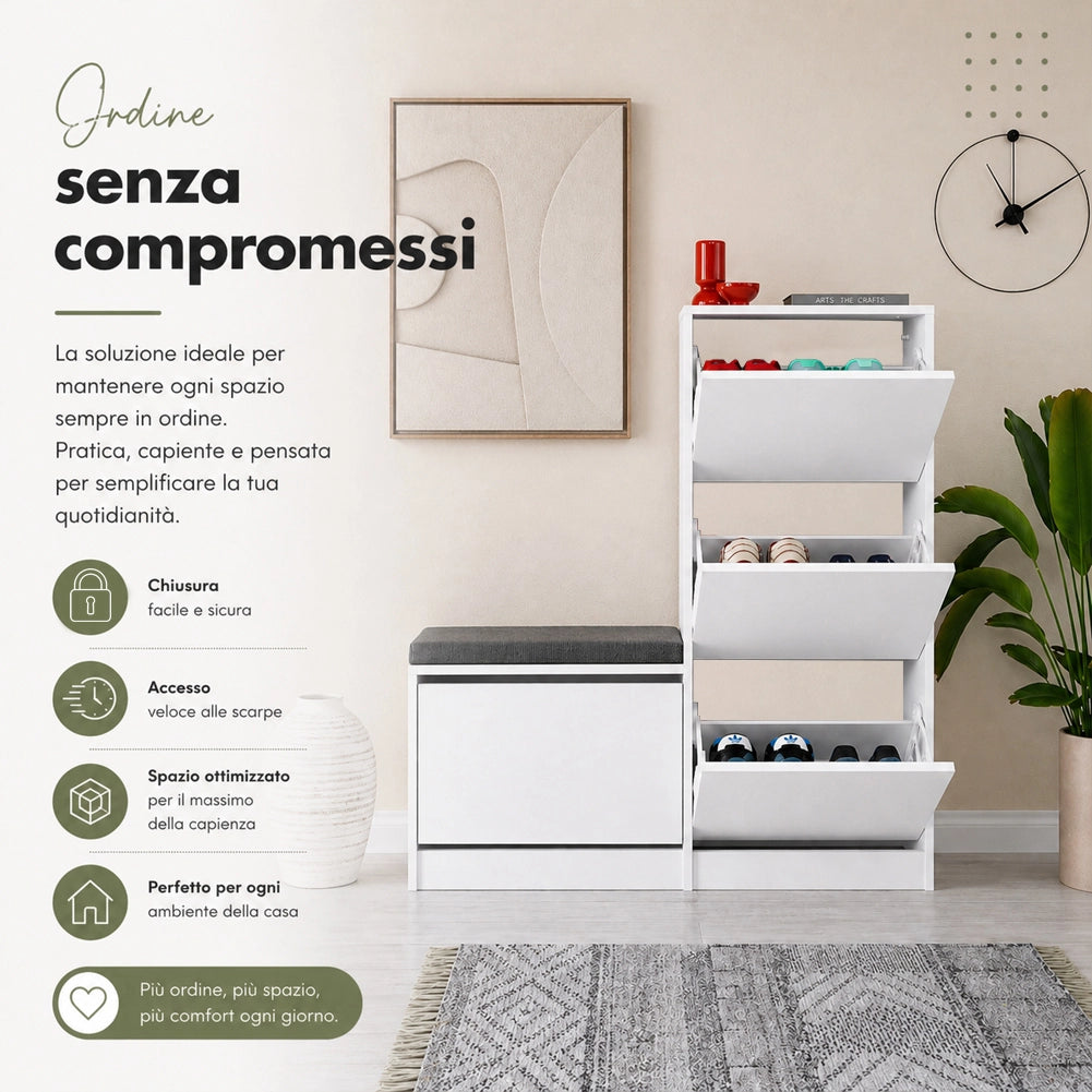 Scarpiera Salvaspazio 3 Ante Mobile Portascarpe 105x118,5 cm Multiuso Bianco