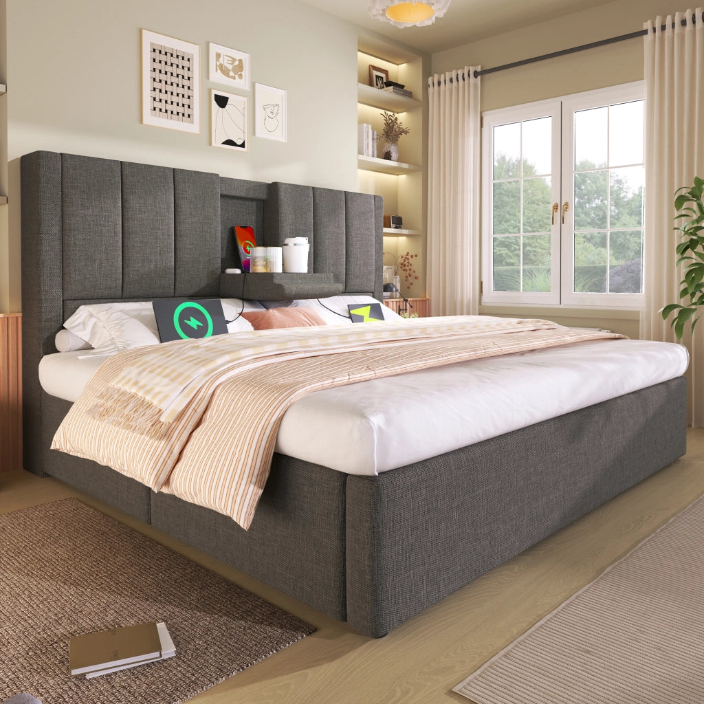 Letto matrimoniale 160 × 200 cm con contenitore idraulico testiera in lino grigio con USB Type-C e materasso incluso