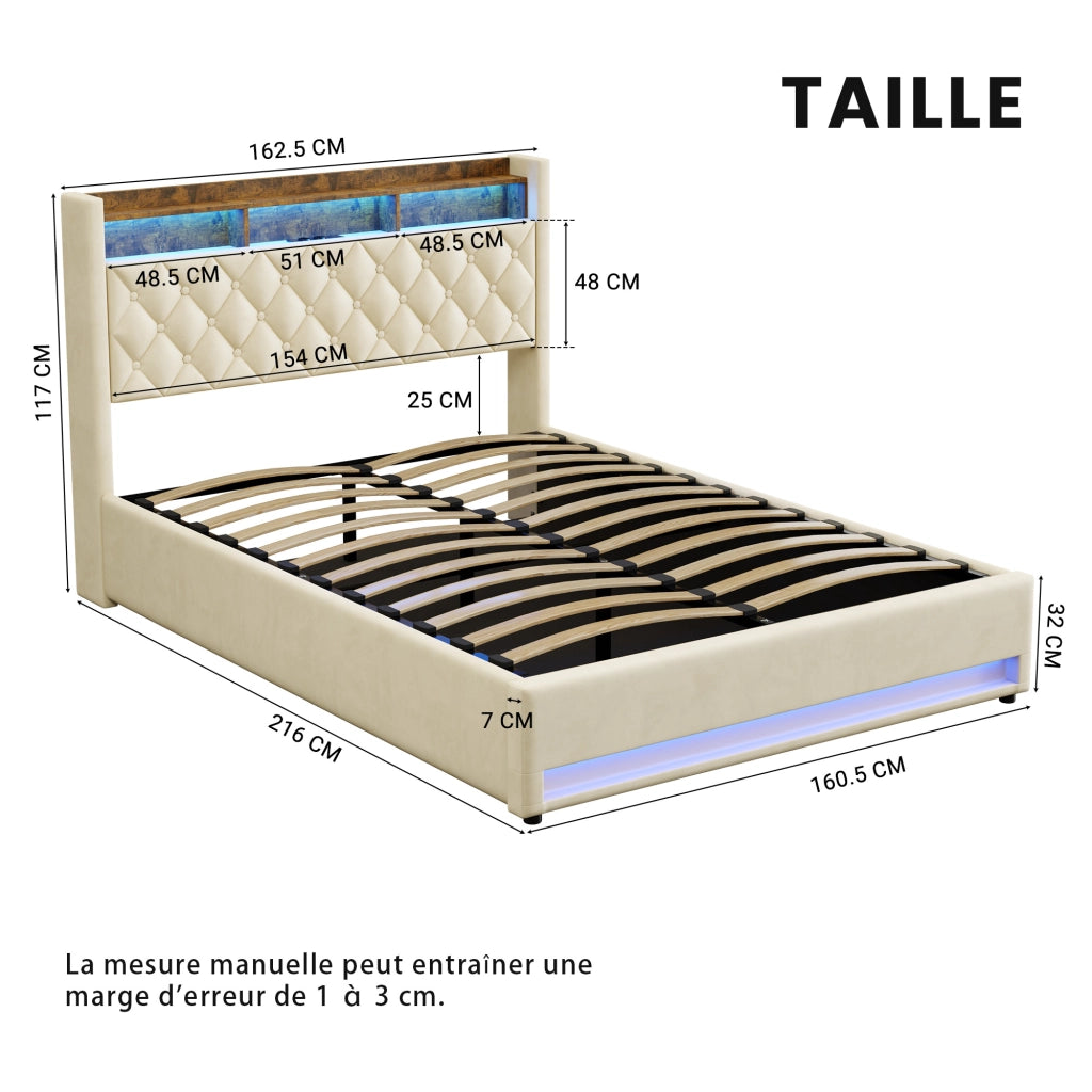 Letto contenitore imbottito 160x200 cm con luce LED; presa elettrica e porta USB; velluto; beige; senza materasso
