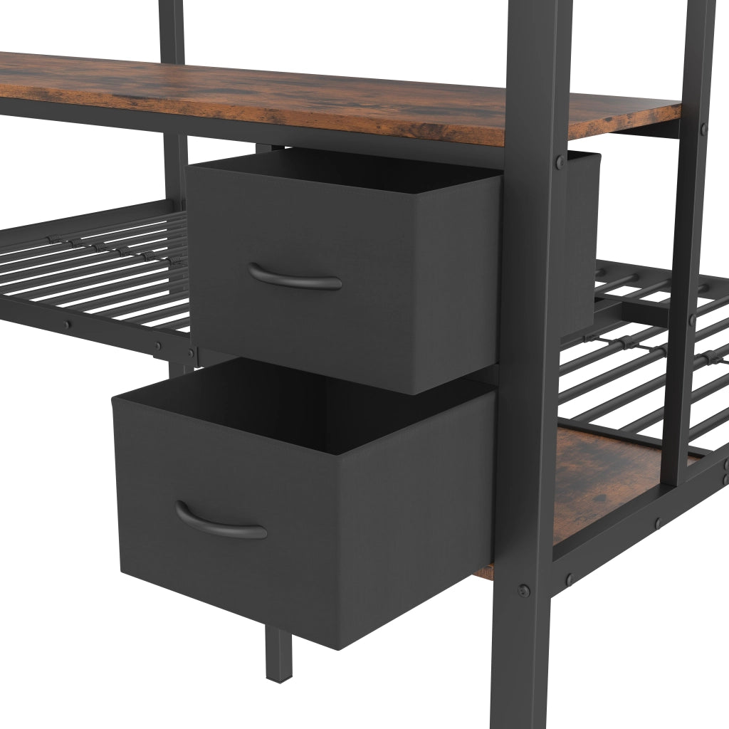 Letto a soppalco 140 × 200 cm con scrivania cassetti ripiani griglia LED 7 colori USB in metallo nero
