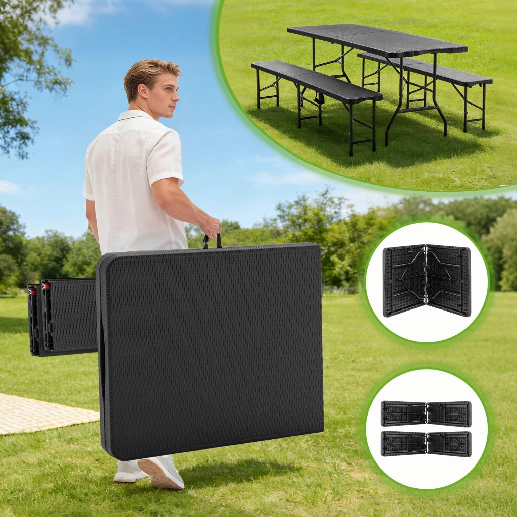 Set Tavolo da Picnic Pieghevole 183 cm con 2 Panche; 3 Pezzi in HDPE; Nero