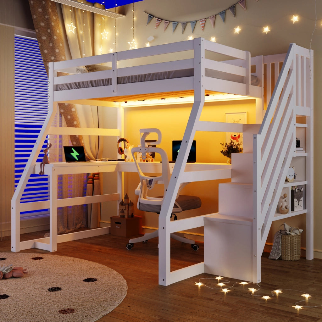 Letto a soppalco 90x200 con scrivania; bianco; scala contenitore e luci LED