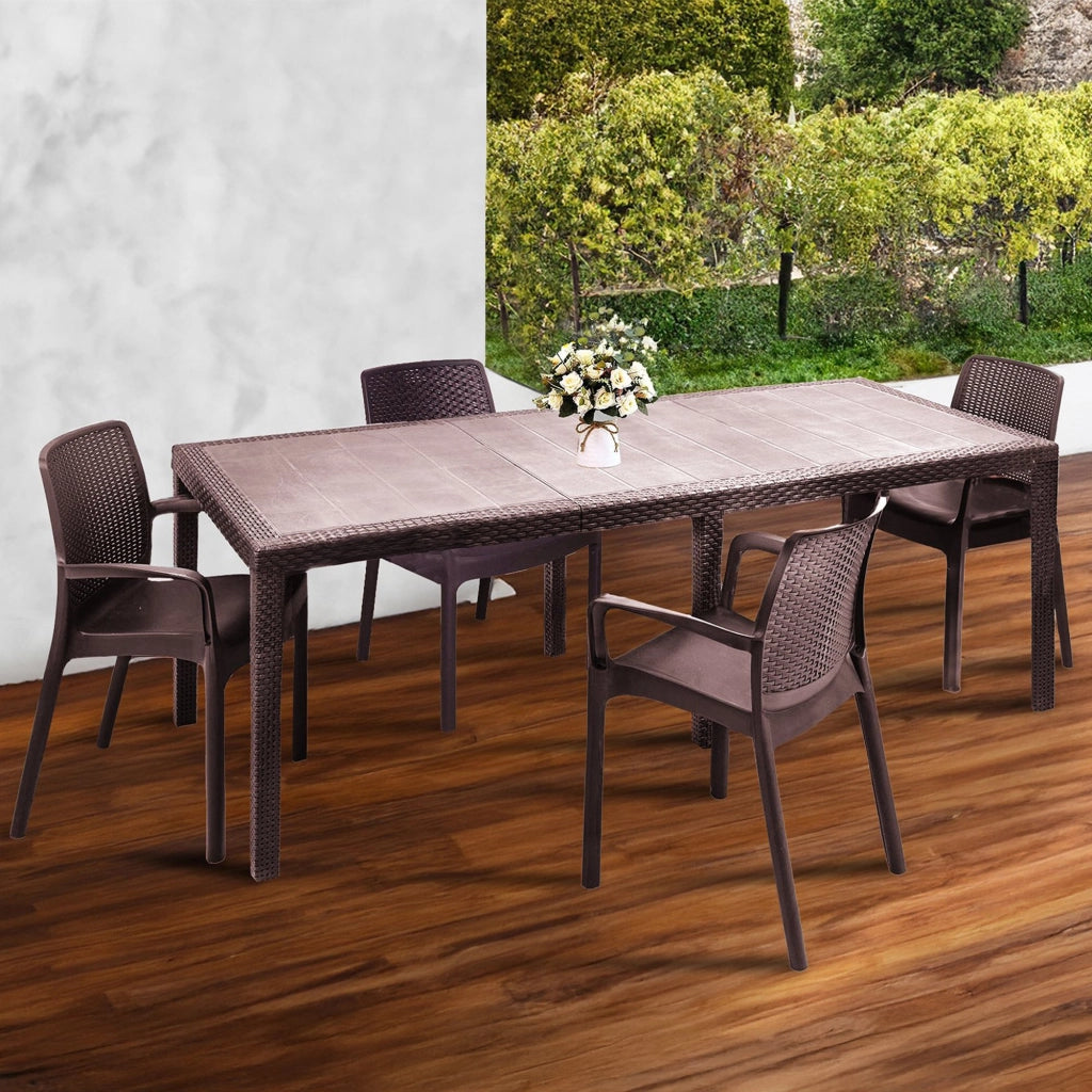 Set tavolo e sedie Arret, Ripiano rettangolare allungabile da esterno con 4 sedie incluse, Tavolo e sedute da giardino effetto rattan, 100% Made in Italy, Marrone