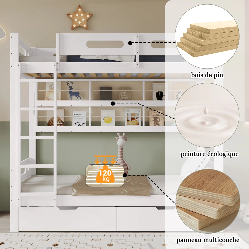 Desviae Letto a castello per bambini 90 × 200 cm con scala a 5 gradini cassetti su ruote ripiani struttura in legno e MDF