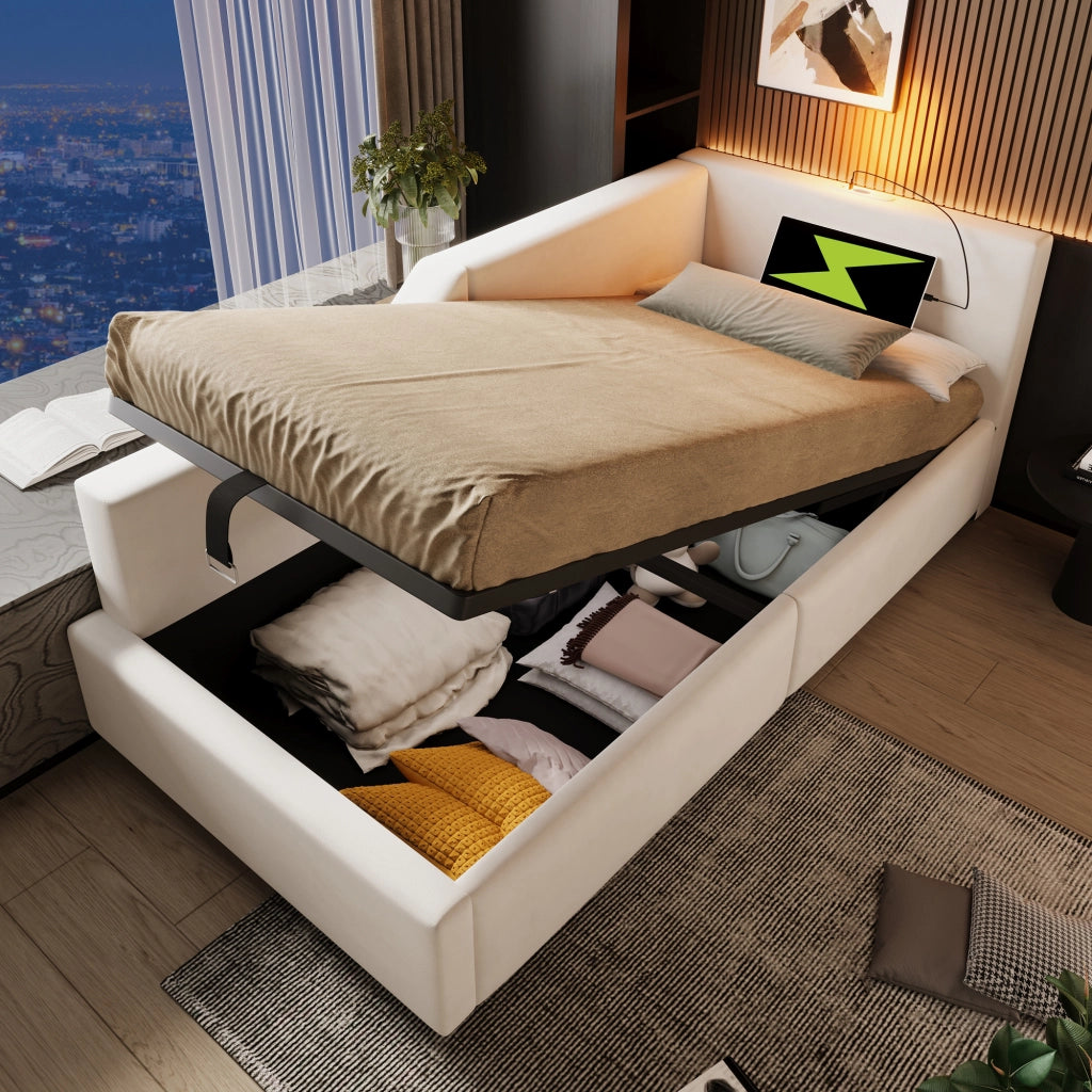 Letto singolo imbottito 90 × 200 cm con contenitore idraulico velluto beige luce da lettura e ricarica USB-C