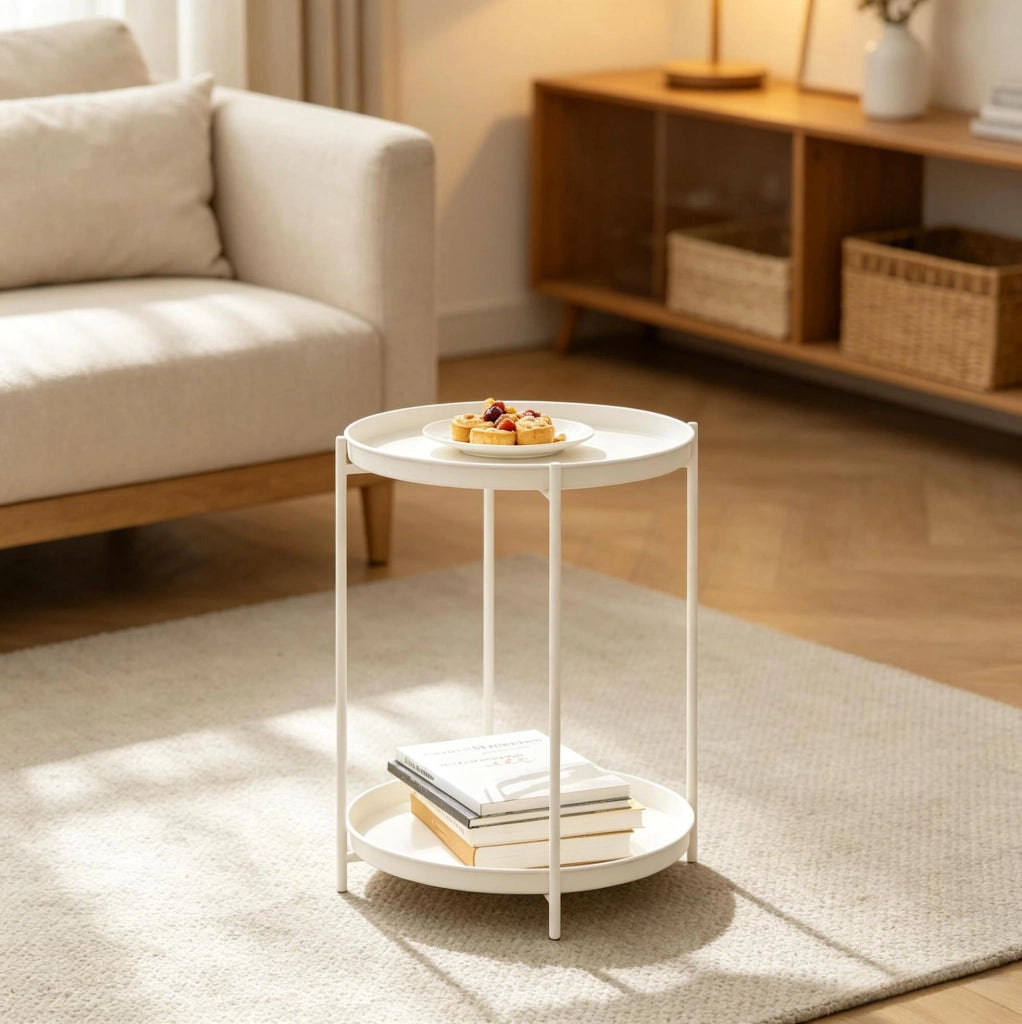 Tavolino rotondo da salotto Ø 44 cm con 2 ripiani rimovibili in metallo bianco crema HOMVRA