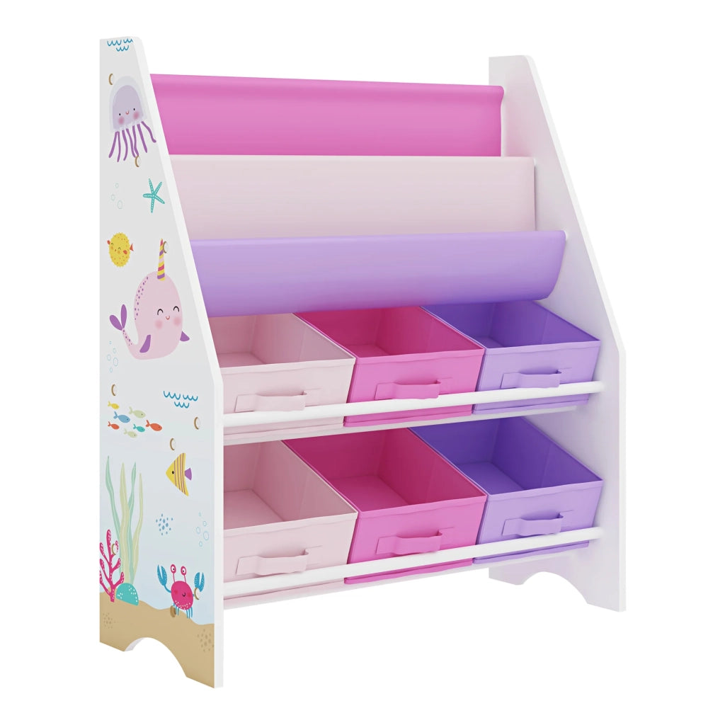 Scaffale dal design senza tempo per soggiorno/camera da letto mobile contenitore per bambini Ponteceso con 6 scomparti aperti bianco/rosa/viola 03_0011181