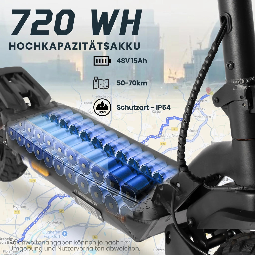 Monopattino Elettrico 10" Pieghevole, 500W 48V 720Wh, 20 km/h, Autonomia 80km, Omologato ABE. Doppia Sospensione, Freni a Disco, Pneumatici Off-Road, Frecce