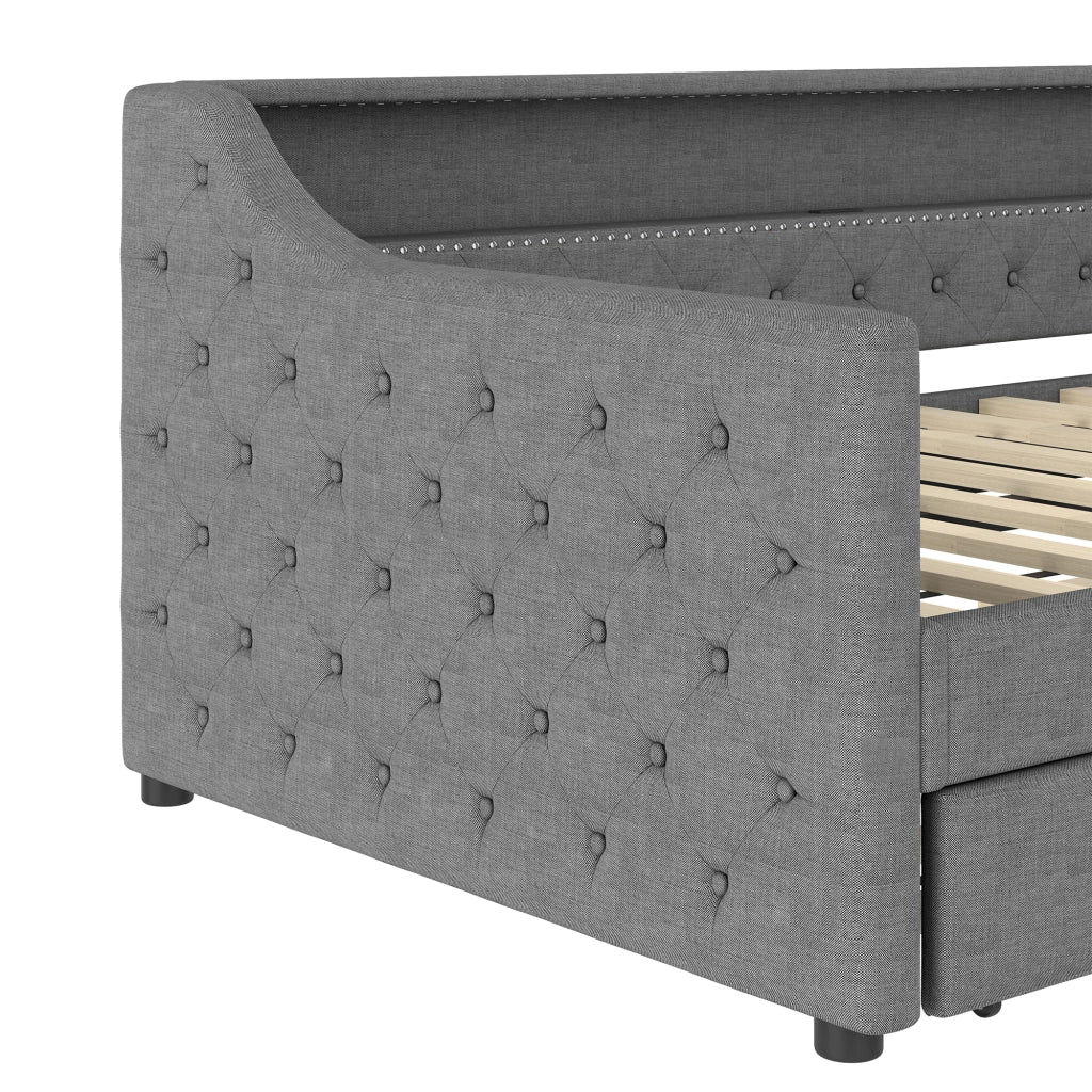 Letto con letto estraibile 90 × 200 cm con LED controllabile via app; USB; rete a doghe; lino e MDF grigio