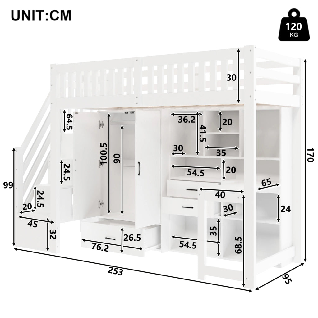 Letto a soppalco 90x200 cm con scrivania, armadio, cassetti e scaletta con contenitori, bianco, senza materasso