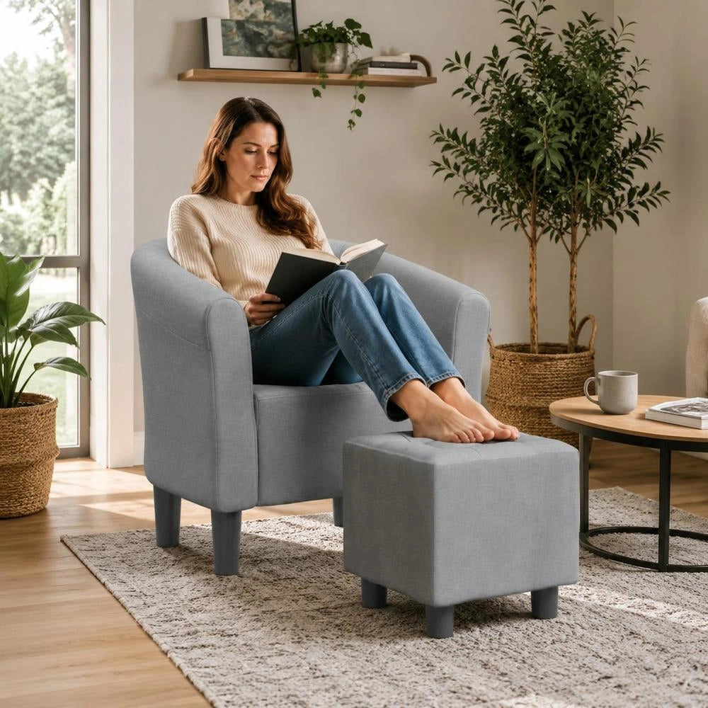 Club Chair With Footstool, Light Grey Fabric