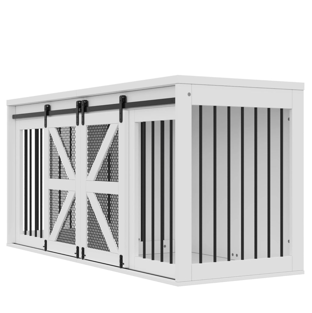 Mobile per Cani a Due Posti in Legno e Metallo 160 x 60 x 75 cm con Divisorio Fisso e Porte Scorrevoli Bianco