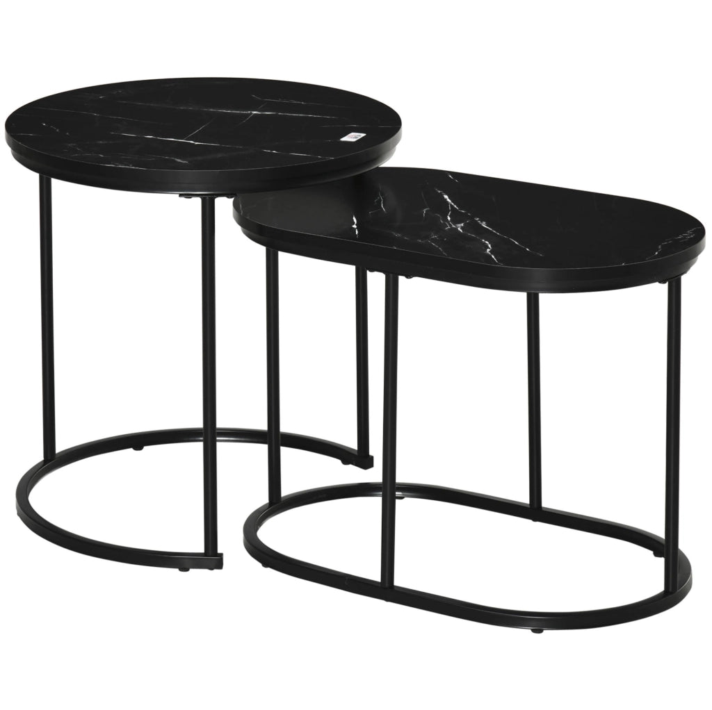 Set di 2 tavolini da salotto rotondo e ovale effetto marmo nero in MDF e acciaio impilabili