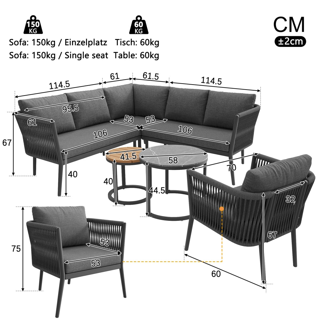 Set Salotto da Esterno Modulare 6 Pezzi per 5-6 Persone con Poltrone in PE Rattan e Tavolini per Giardino, Terrazza o Balcone, Grigio