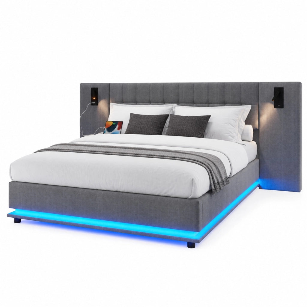 Letto imbottito 180x200 cm in lino grigio con striscia LED, testiera con spot e porta USB, senza materasso