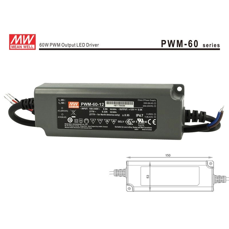 Alimentatore Led MW MEAN WELL PWM-60-12 Dimmerabile 60W 12V IP67 Dimming 3 in 1 0-10V 10V PWM Resistance