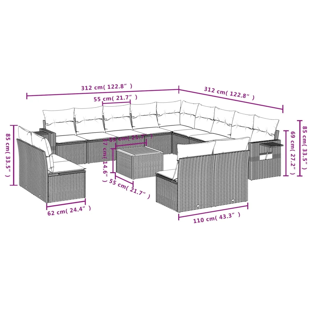 Set Divani da Giardino 14pz con Cuscini in Polyrattan Beige 3224819