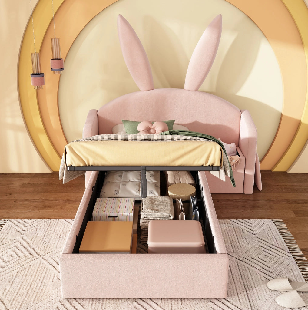 Letto imbottito per bambini 90x200 cm in velluto rosa con contenitore e comodino