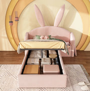 Letto imbottito per bambini 90x200 cm in velluto rosa con contenitore e comodino