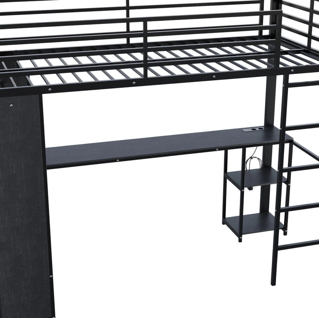 Letto a soppalco 90x200 cm nero con scrivania, LED e armadio aperto