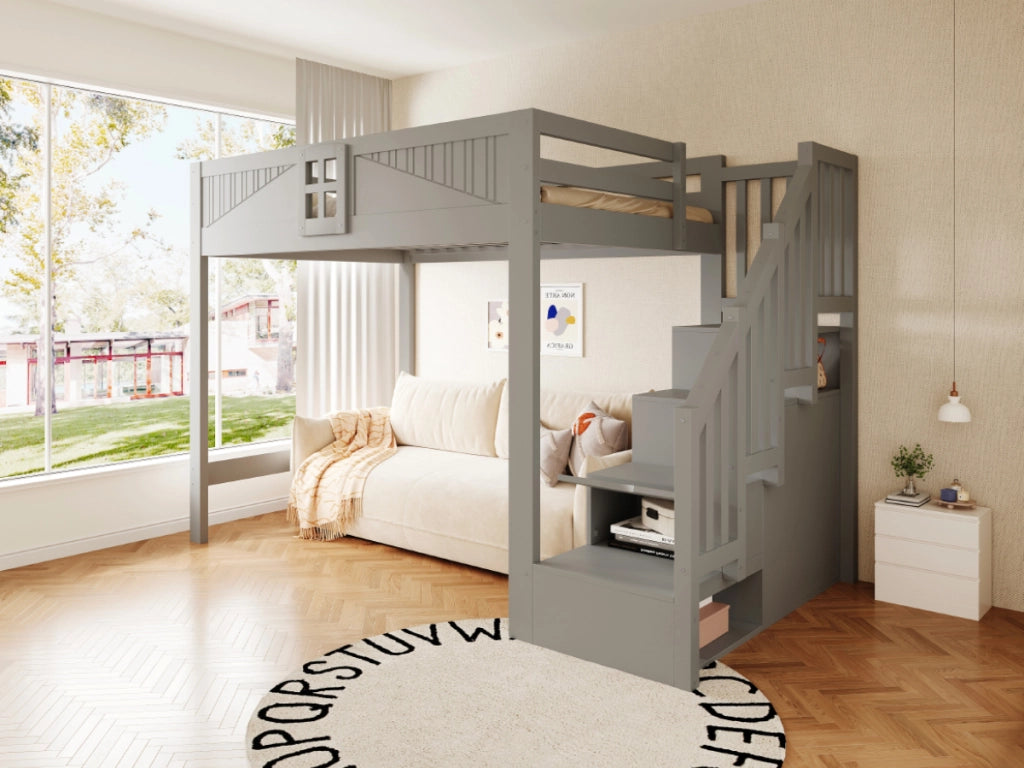 Letto a Soppalco 140x200 cm con ; Scala e Sponde; Grigio