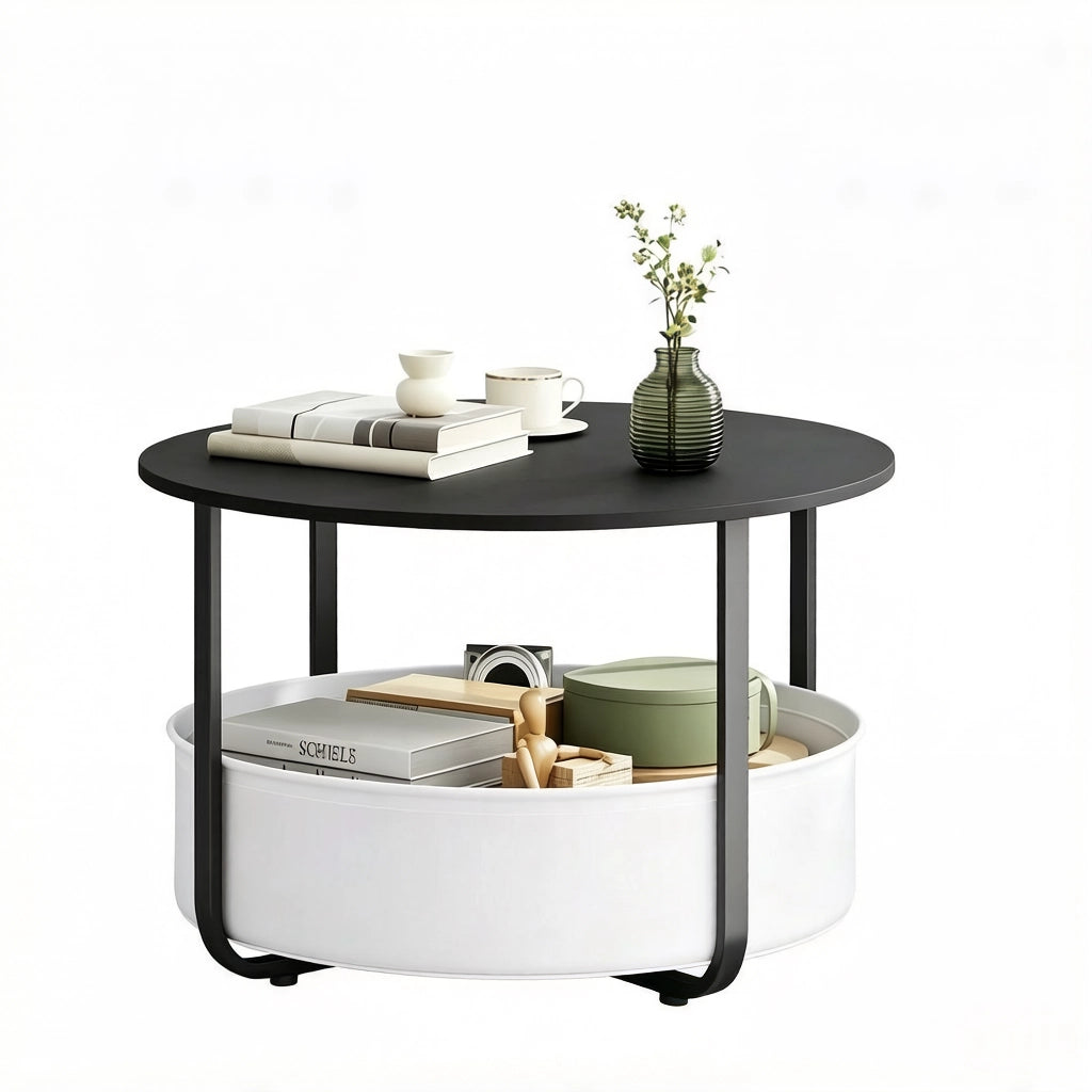 Tavolino basso fisso rotondo con cestino in tela struttura in metallo nero diametro 80 cm altezza 50 cm