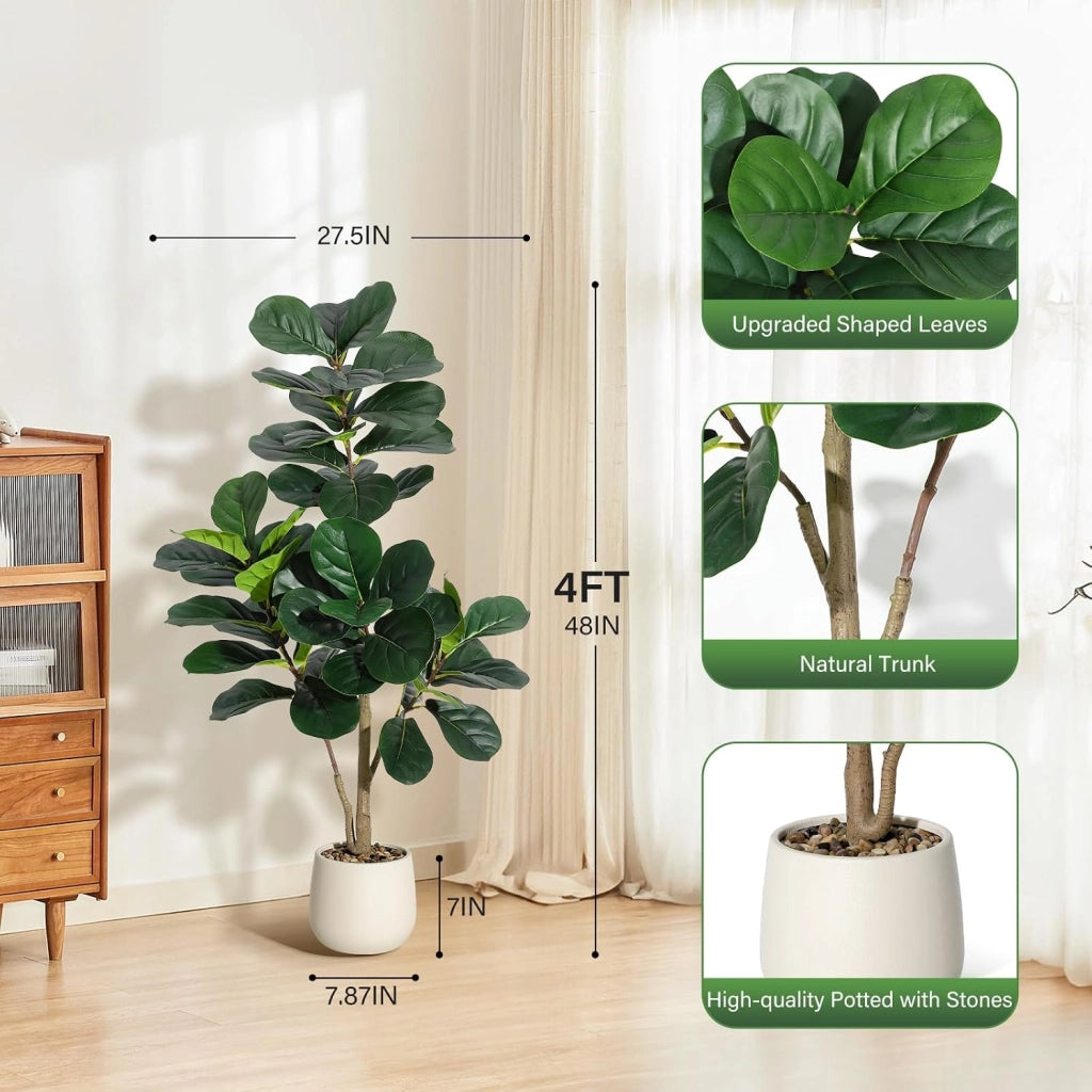 Ficus Lyrata Artificiale 120 cm Pianta Verde Finta con Vaso e Ciottoli Decorativi