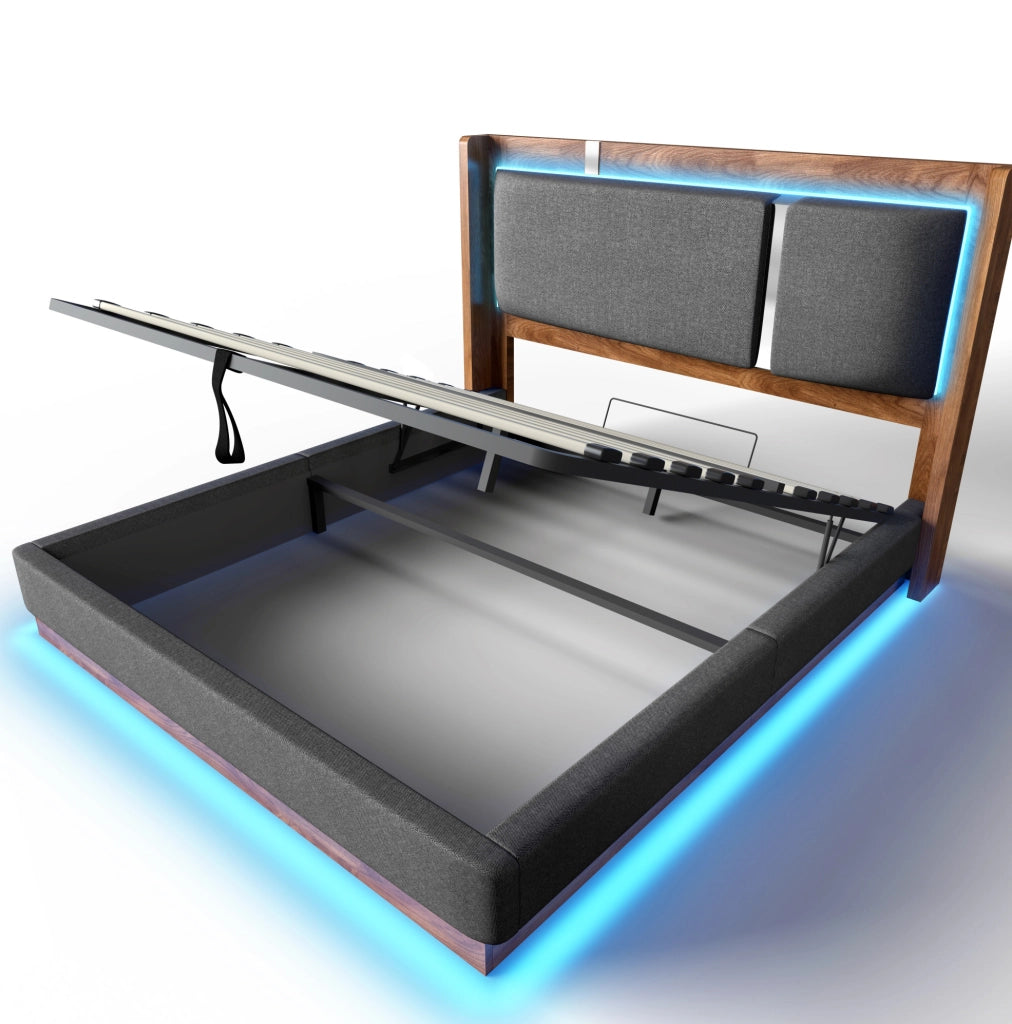Letto imbottito 140x190 cm con LED e contenitore idraulico in lino grigio e noce
