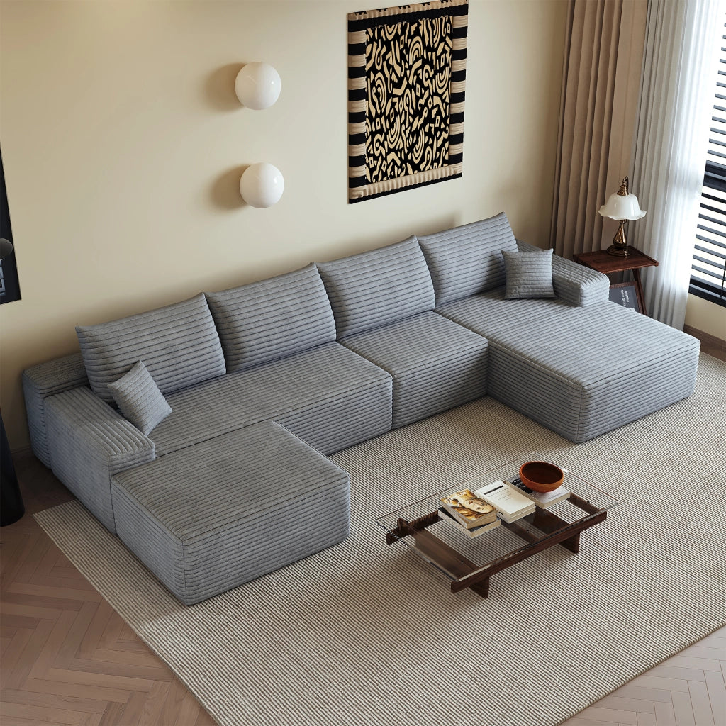 Divano angolare modulare con chaise longue, seduta profonda per soggiorno in tessuto a coste grigio