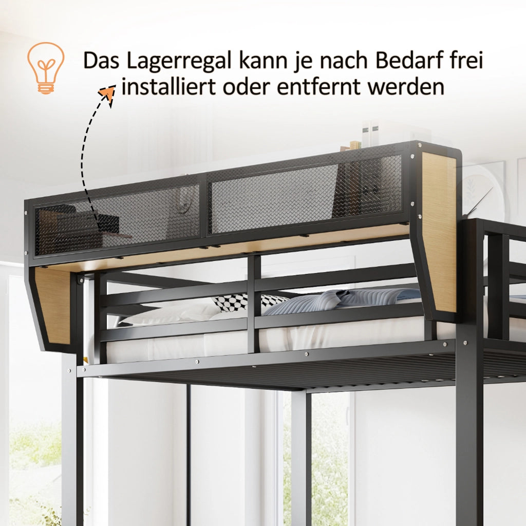 Letto a soppalco 90 × 200 cm con scala di sicurezza e ripiano regolabile in metallo nero