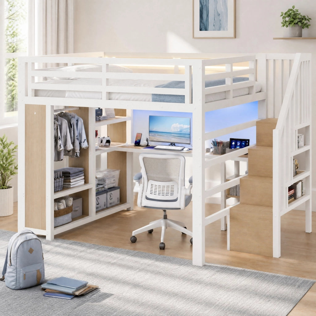 Letto a soppalco 140×200 cm 2 posti con scrivania, LED, USB, armadio e scaletta contenitore, senza materasso, metallo bianco