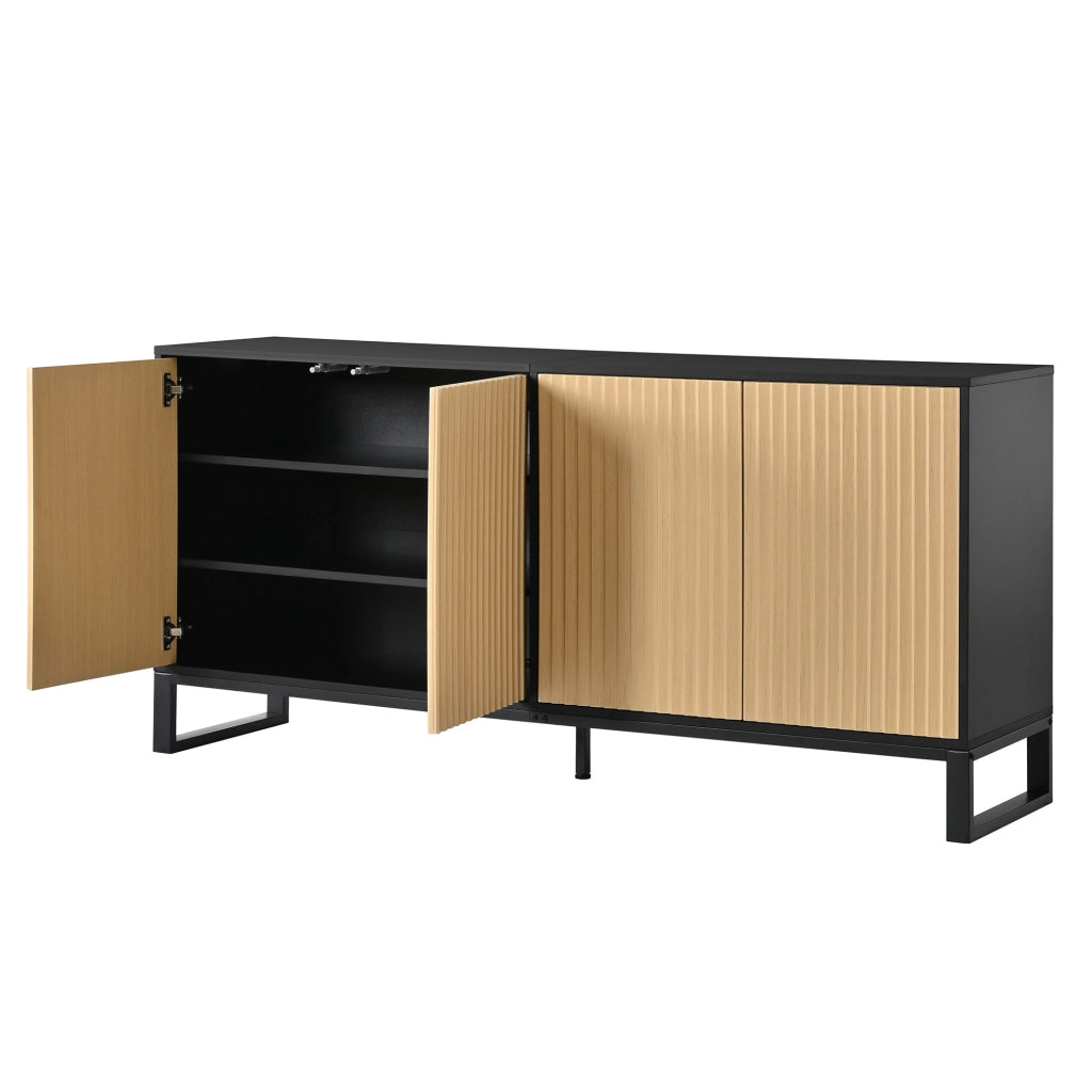 Credenza e madia con 4 ante a rilievo e ripiani regolabili, per ingresso, soggiorno e sala da pranzo, MDF, naturale e nero