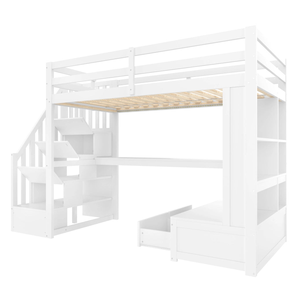Letto a soppalco con scrivania 90x200 cm; scaffali; cassetti e scala contenitore; bianco