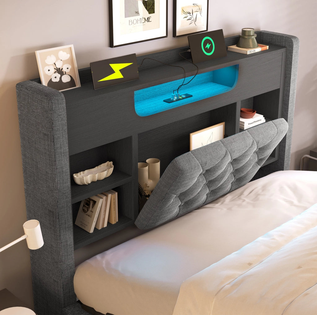 Letto 90x200 cm con contenitore idraulico, LED e porte USB, in lino grigio