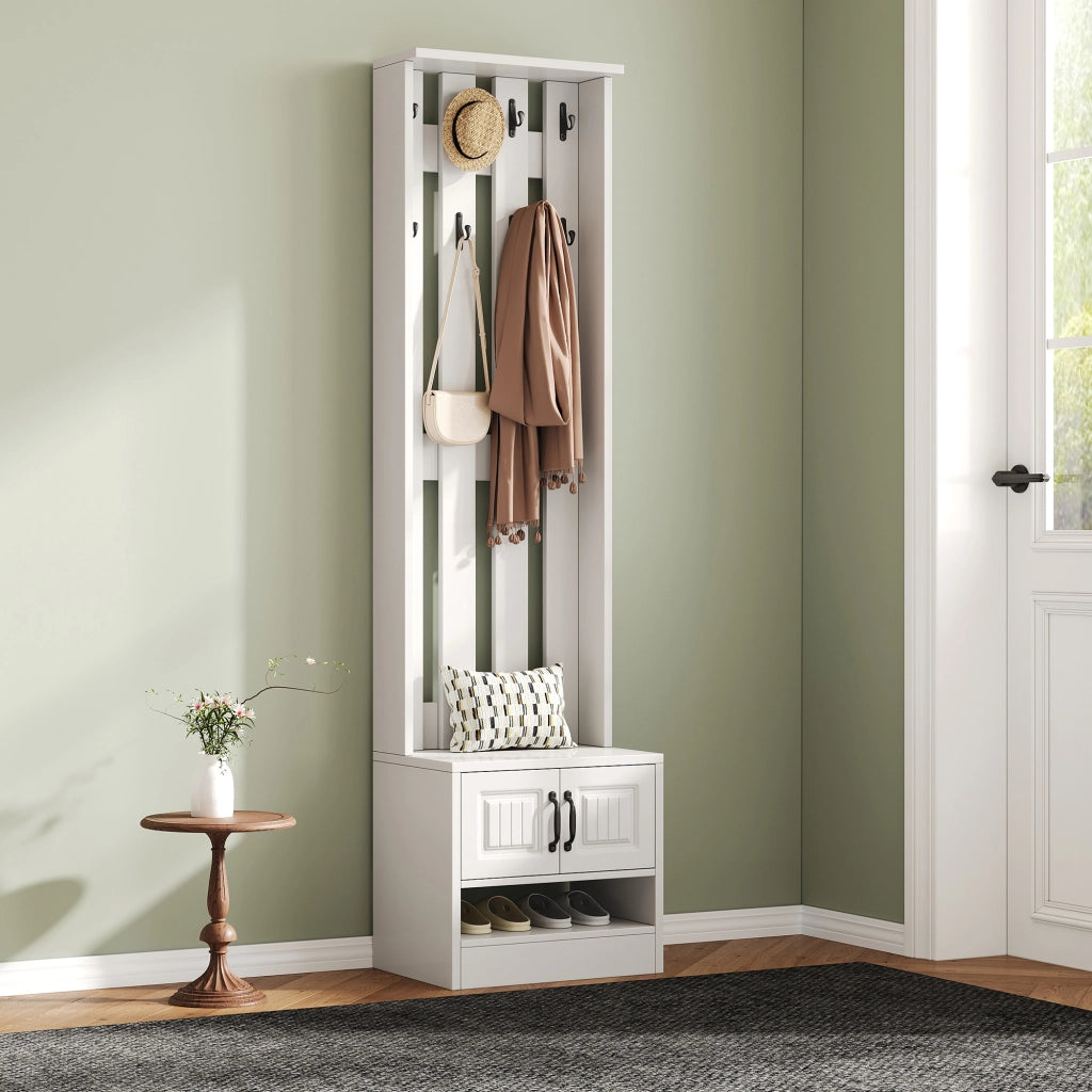 Scarpiera da ingresso con 2 ante, panca e pannello posteriore con 8 ganci, bianca, in truciolare, 50 × 36 × 190 cm