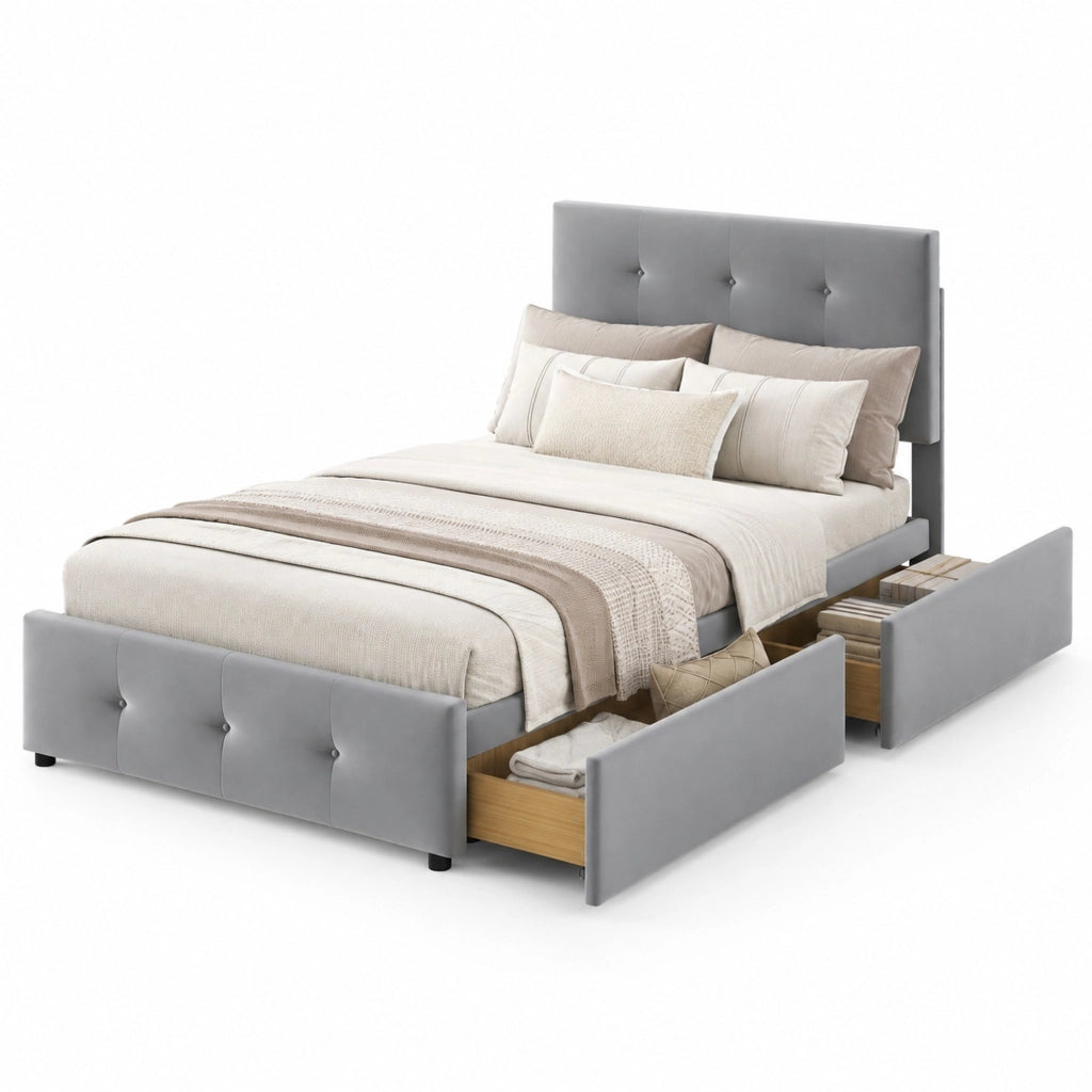 Letto per bambini imbottito 90x200 cm con cassetto contenitore; rete a doghe e testiera; velluto grigio