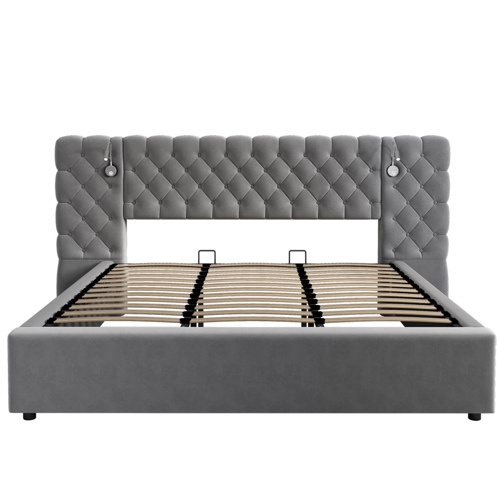 Letto 180x200 cm con contenitore idraulico, LED e rivestimento in velluto grigio
