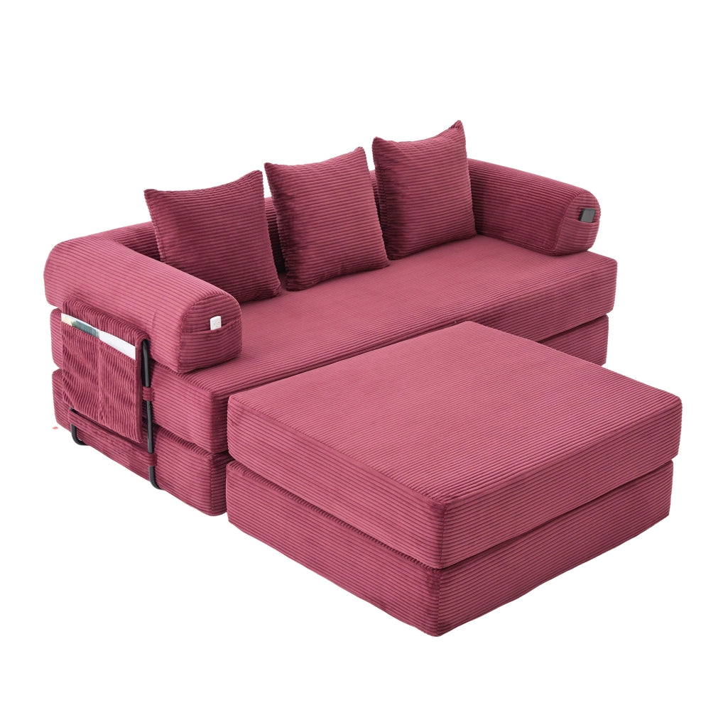 Divano modulare con pouf in velluto a coste; struttura in metallo e tasca laterale; rosso vino