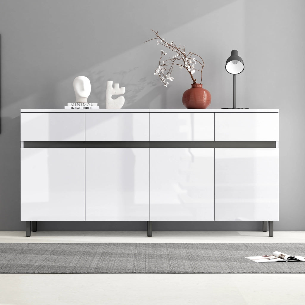 Sideboard bianco lucido con 4 cassetti, 2 ante e ripiani regolabili 160x40x68 cm