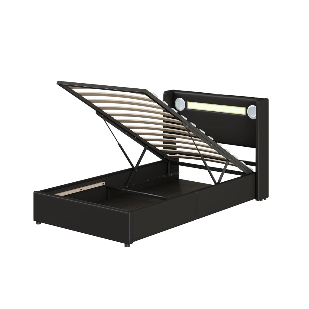 Letto imbottito ULEVR 90x200 cm con contenitore idraulico, LED, Bluetooth e 2 porte USB, nero