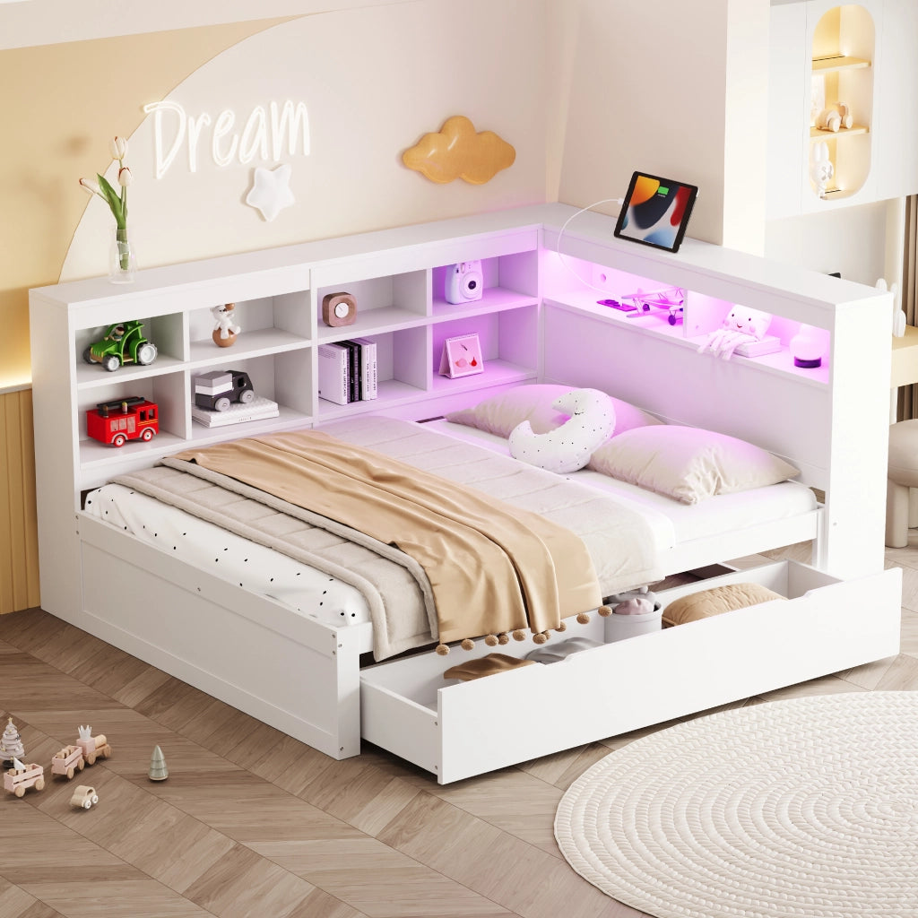 Letto matrimoniale in legno massello 140x200 con cassetti, testiera con scaffali, LED e presa USB, bianco