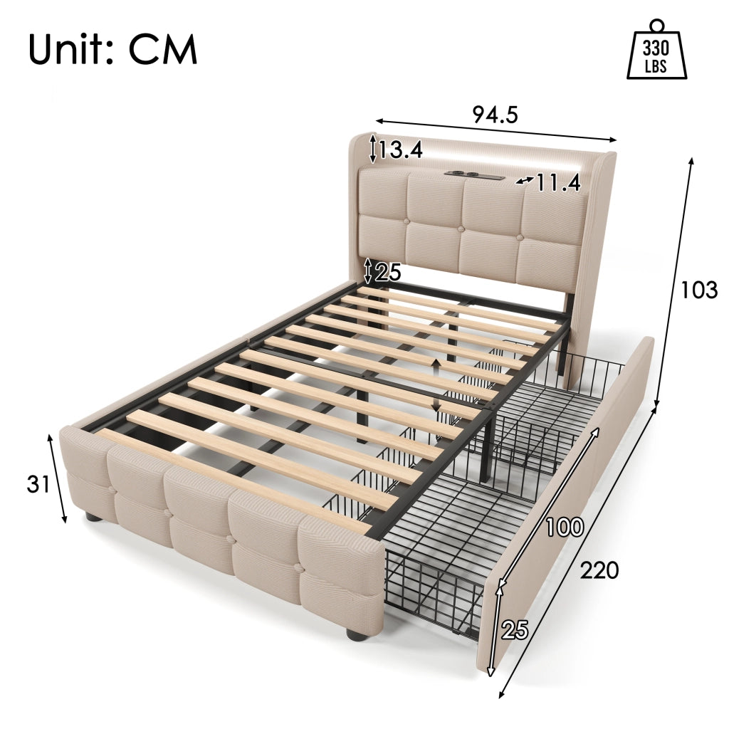 Desviae Letto Singolo 1 Posto con 2 Cassetti, USB, Prese e LED Regolabile 90 × 200 cm, Senza Materasso, Beige