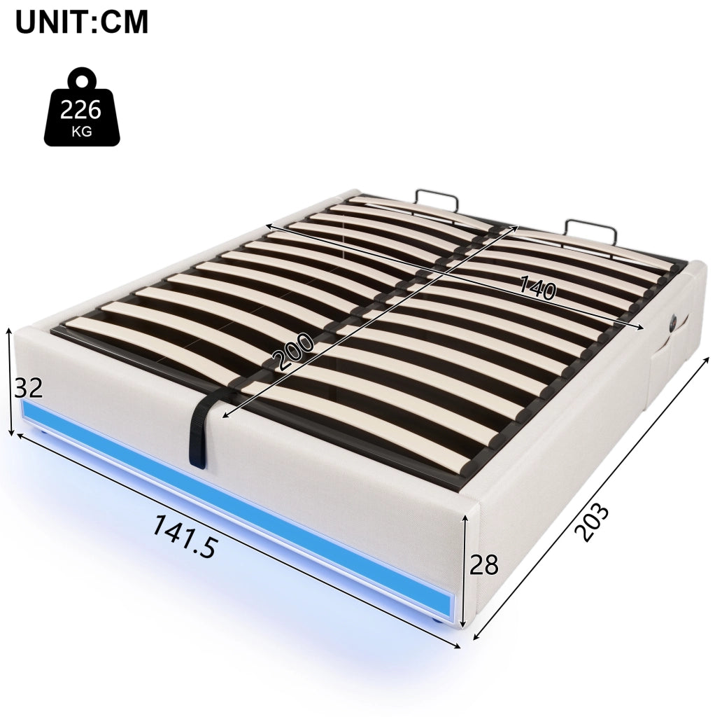 Letto imbottito 140x200 cm con LED, USB e porta Type-C, contenitore idraulico e tasche laterali