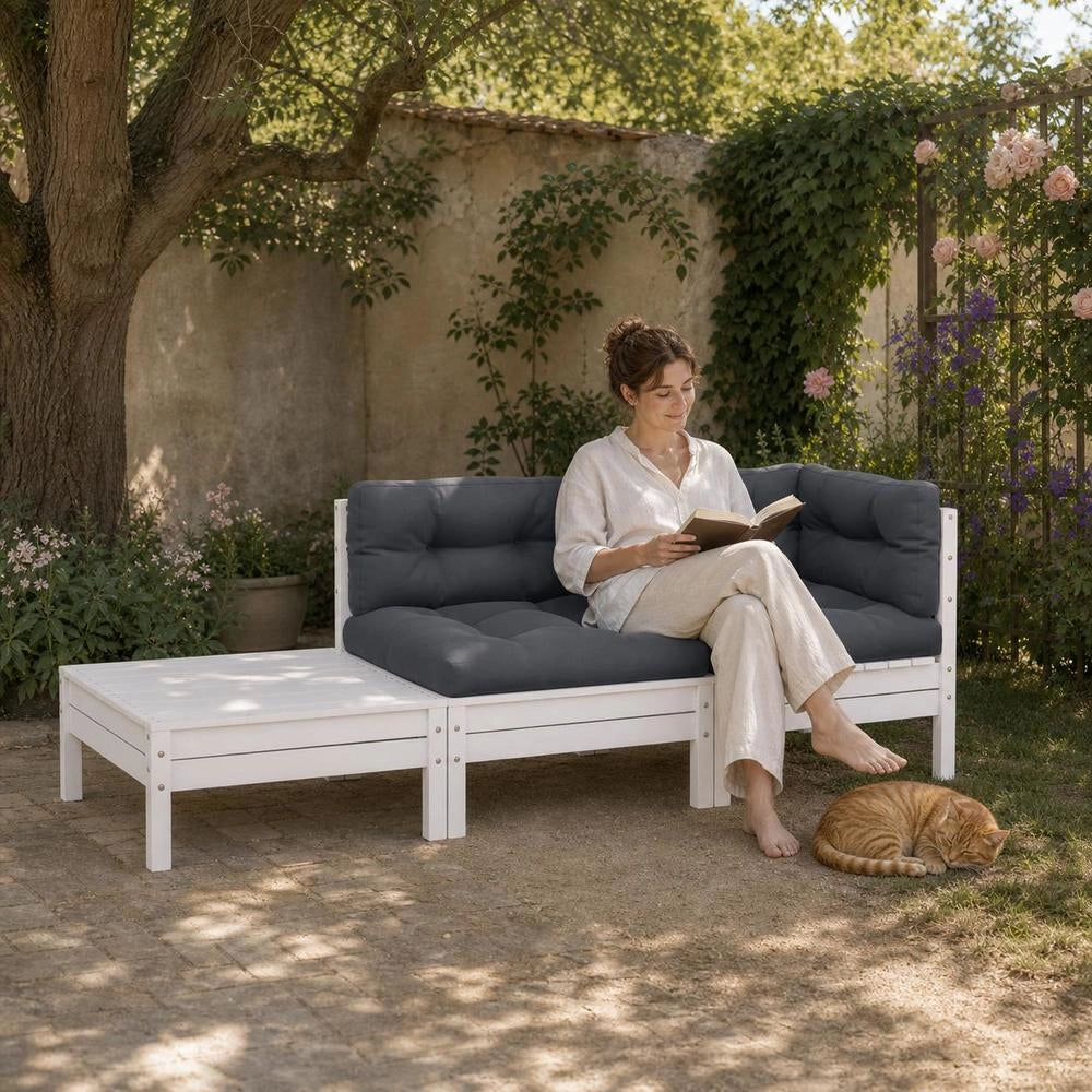 3-piece Garden Lounge Set With Cushions, White, Solid Pine Wood