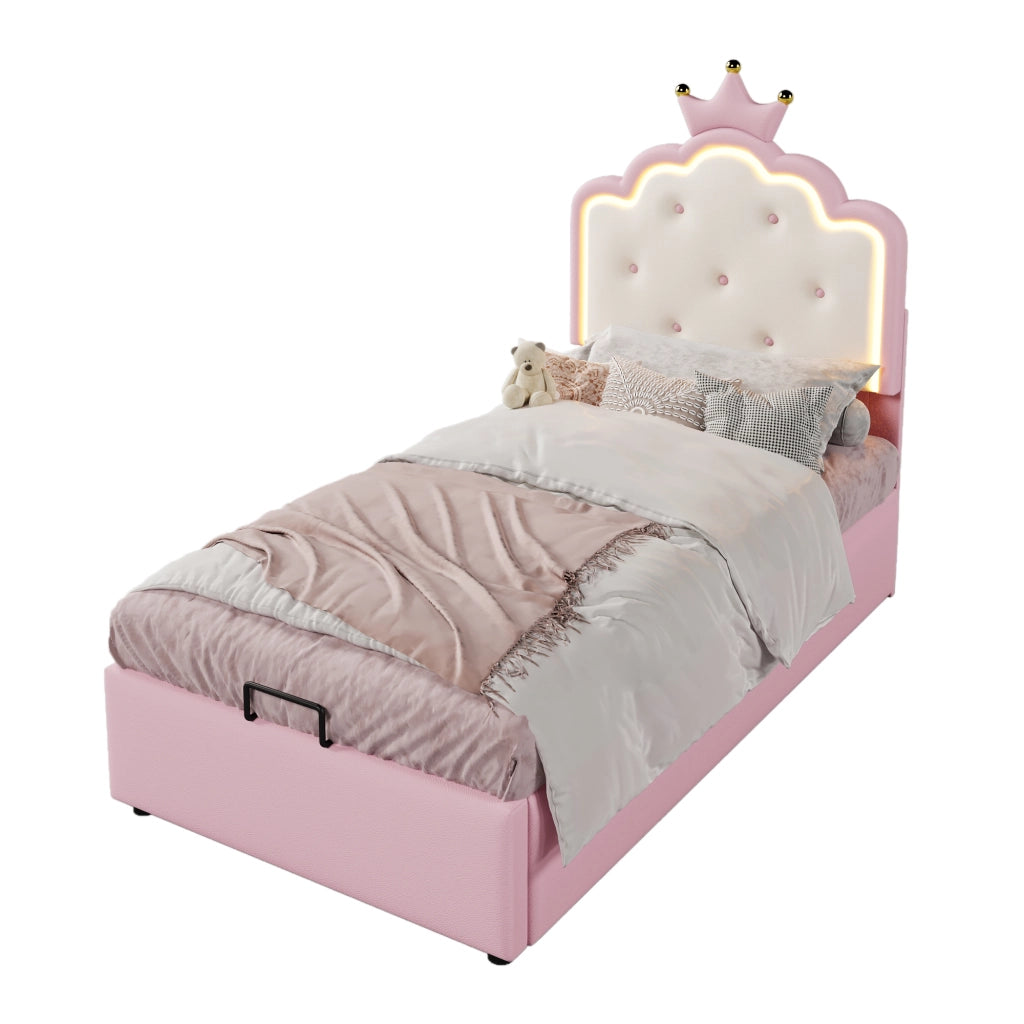 Letto per bambini 90 × 200 cm 1 posto con contenitore idraulico; LED con telecomando; senza materasso; rosa