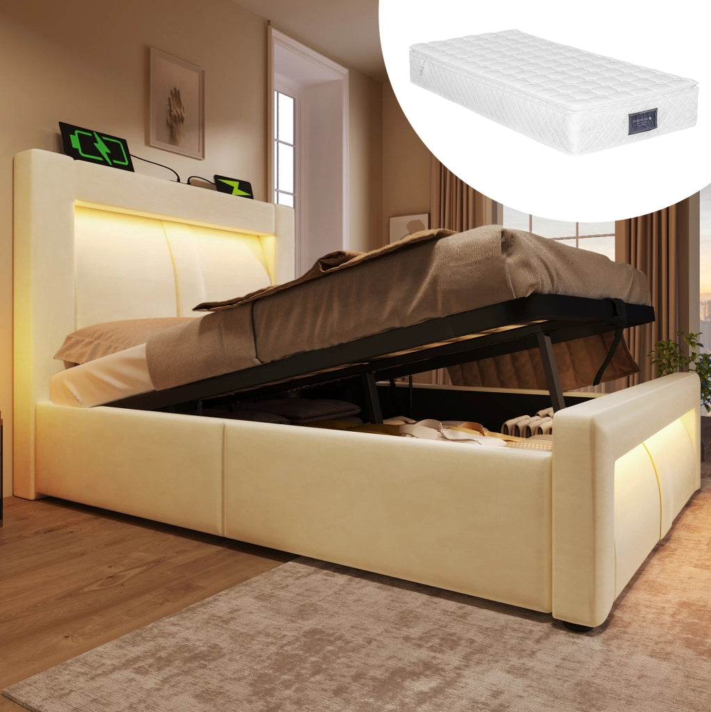 Letto singolo 90x200 contenitore velluto beige LED USB Type-C con materasso