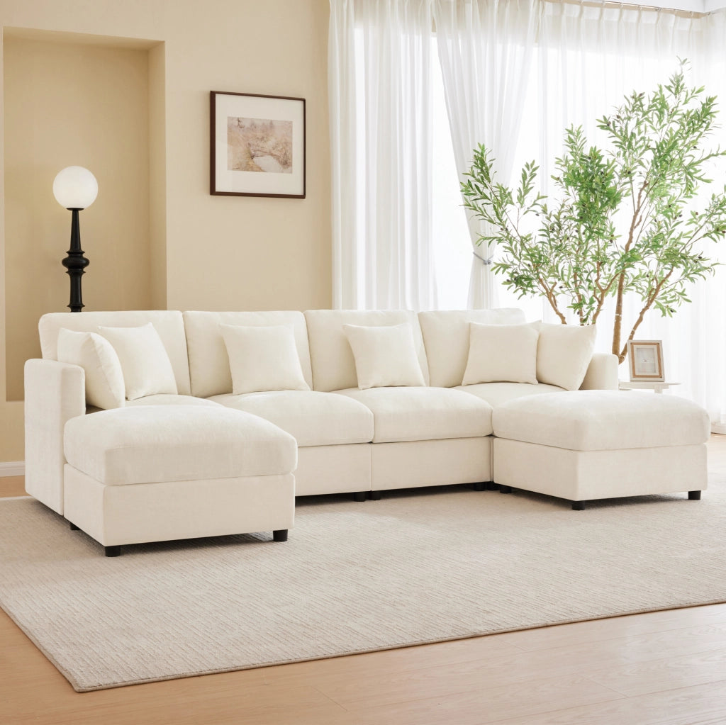Divano modulare a forma di U/L in tessuto chenille beige con 2 pouf, 4 cuscini decorativi e 2 poggiatesta, braccioli regolabili