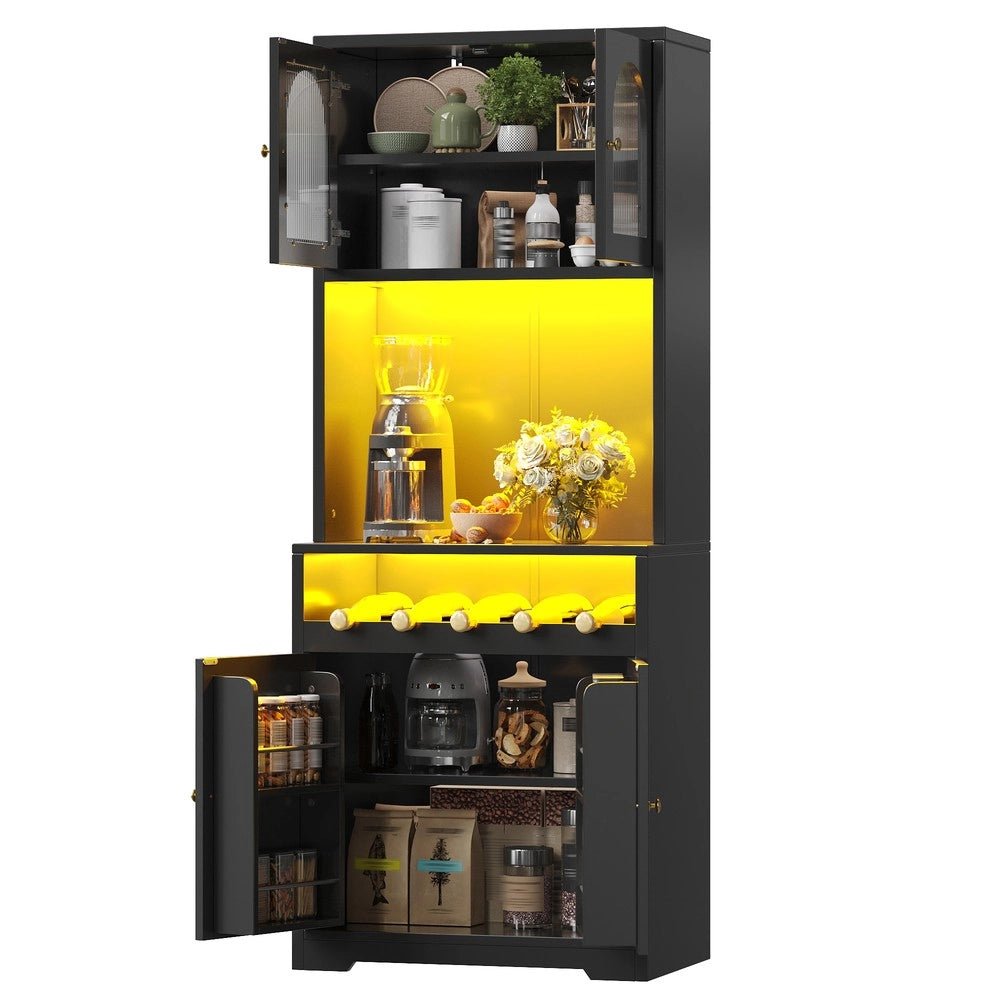 Mobile Buffet Alto con Luci RGB ¨C Minimal ¨C Nero 180cm Ante in Vetro Scaffali Regolabili